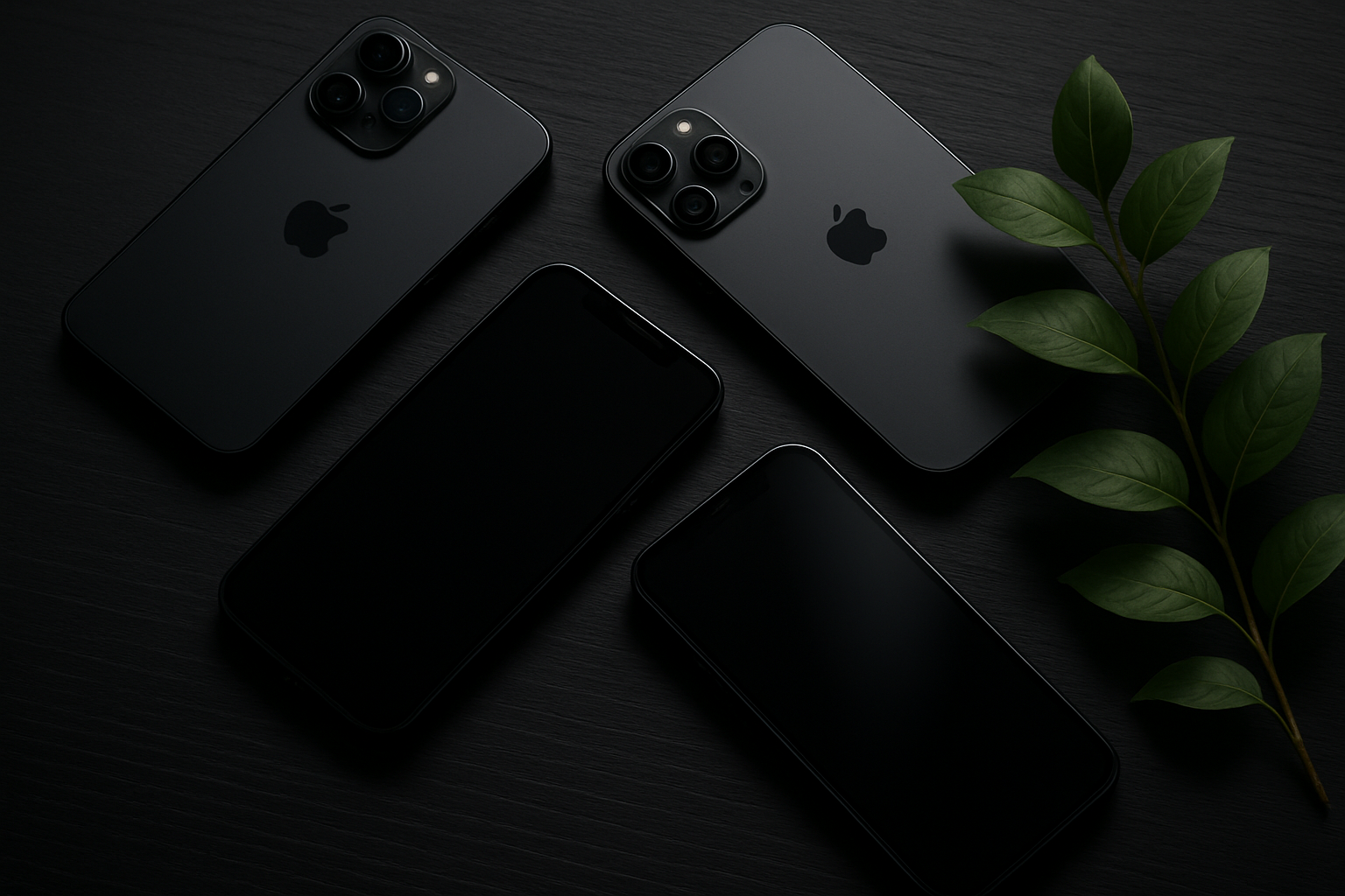 generate multiple iPhones on the mate black wood and put one plant next to them to make it aesthetic