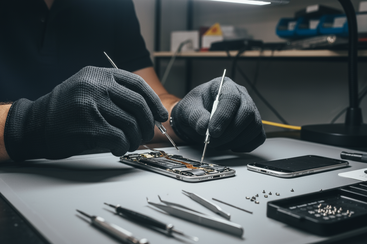 generate ultra realistic image of hands in professional gloves repairing iPhone with special tools